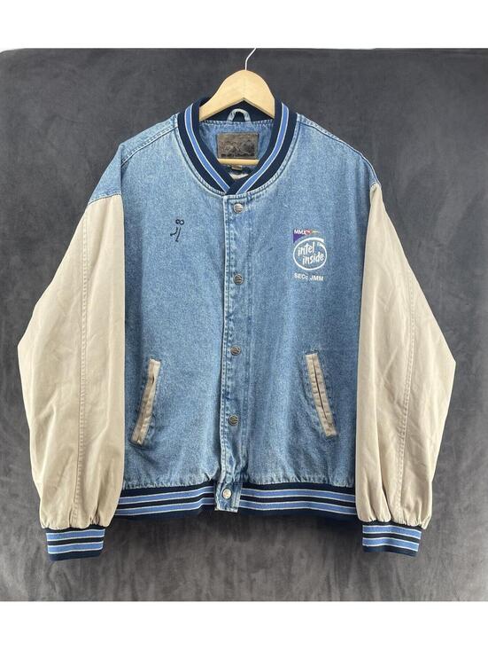Vintage Intel Inside MMX Denim Varsity Bomber Jacket XL Port Authority 90s